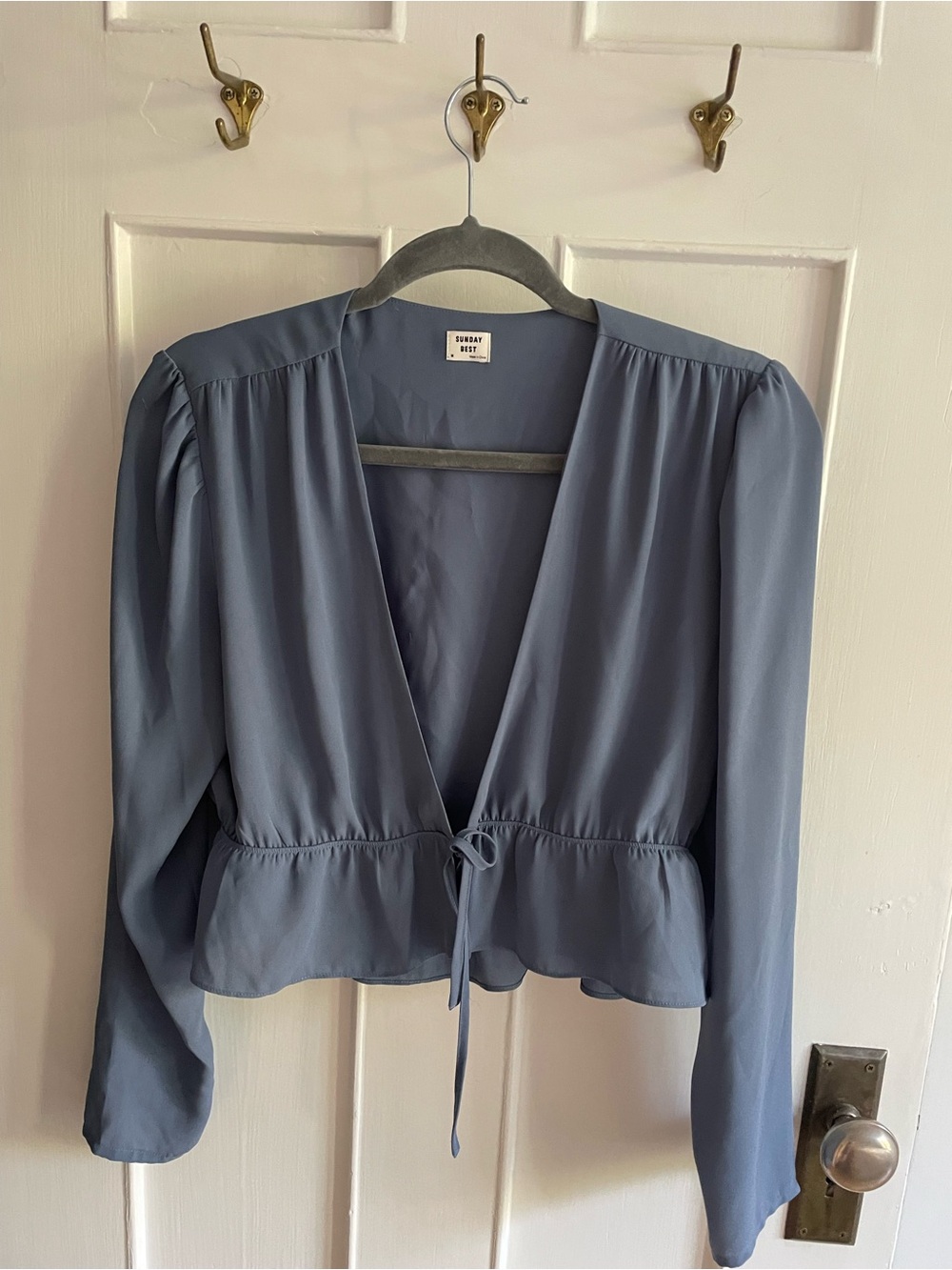 Aritzia Sunday Best Dusty Blue V-Neck Tie-Front Blouse